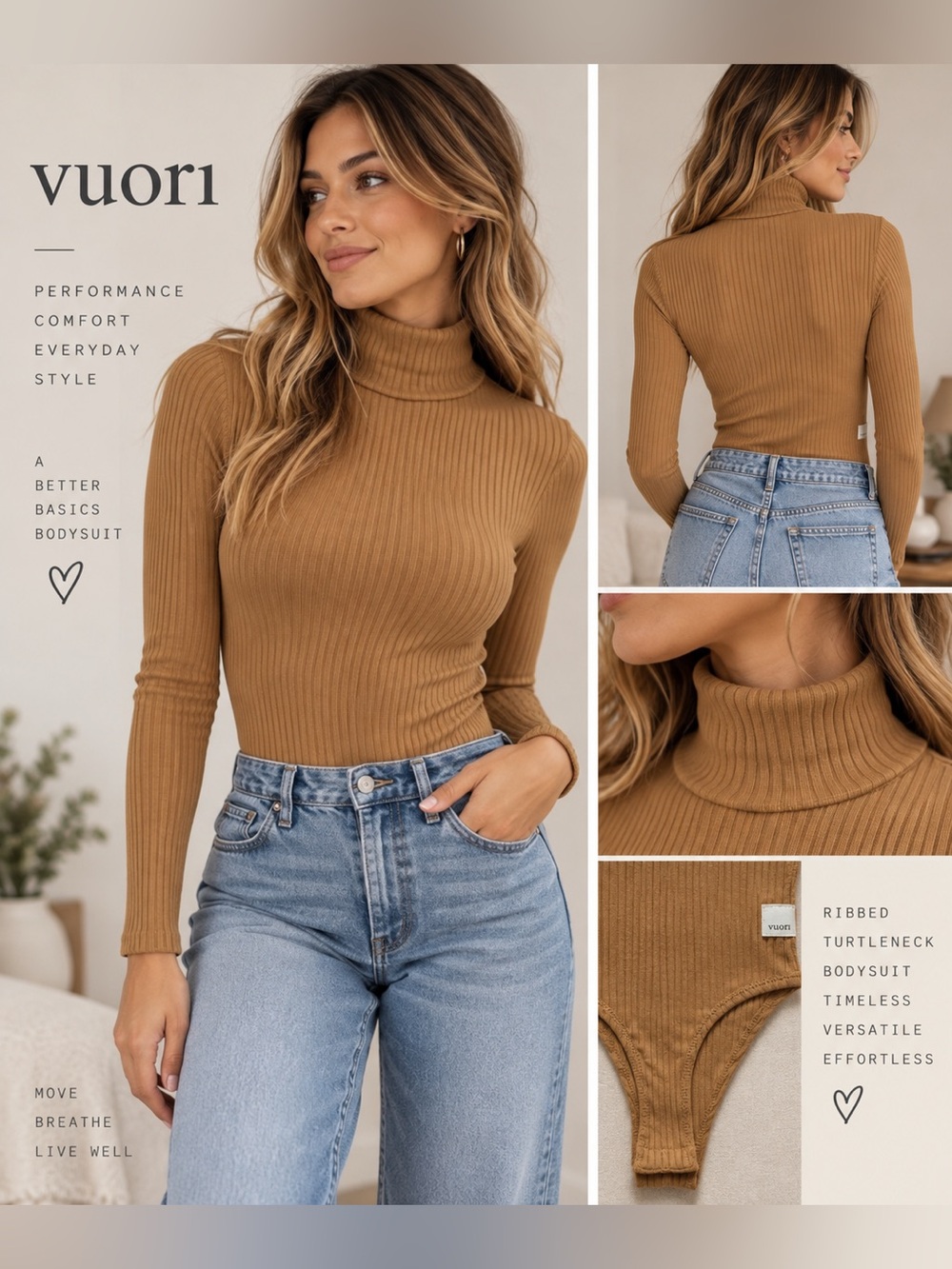 Vuori Ribbed Turtleneck Thong Bodysuit Camel Brown Women’s M